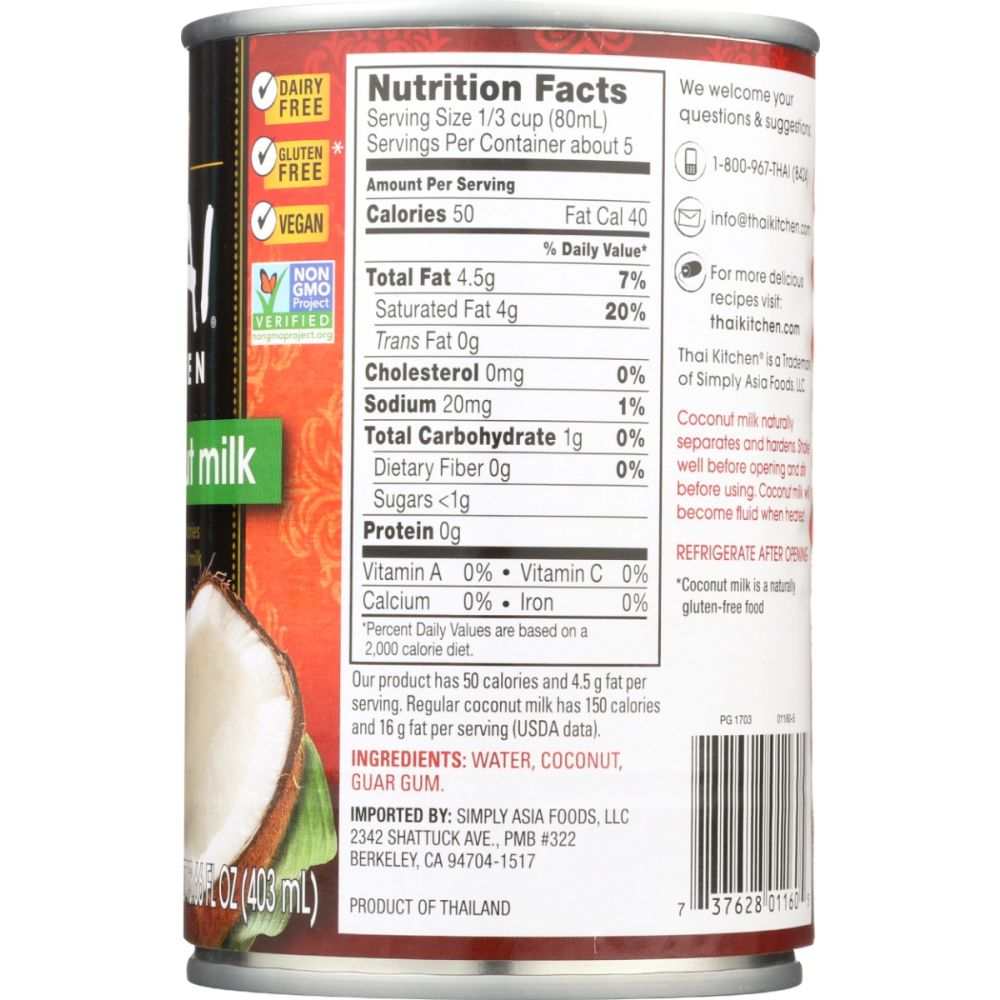 THAI KITCHEN Lite Coconut Milk 13.66 oz carton, gluten-free and non-GMO