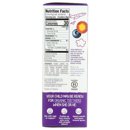 Side view of organic baby teether box showing nutrition facts, ingredients, and readiness signs.