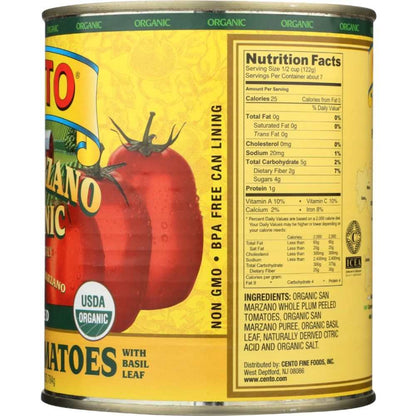 CENTO organic certified San Marzano tomatoes 28 oz with organic basil leaf for homemade sauces
