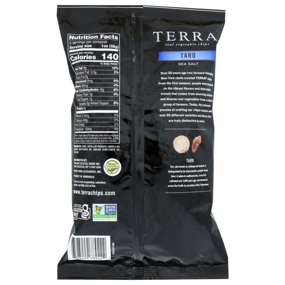 TERRA CHIPS Taro with Sea Salt 5 oz bag of thinly sliced taro chips with nutty flavor and sea salt seasoning