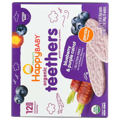 Happy Baby organic teethers blueberry purple carrot gluten free snacks box