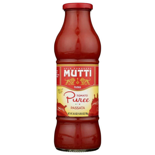 Mutti 24.5 oz sun-ripened Italian tomato puree with smooth texture and bright red color