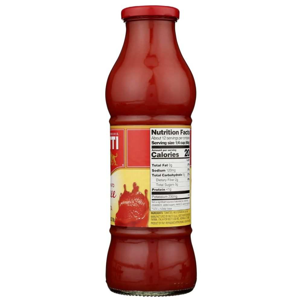 Mutti 24.5 oz tomato puree bottle made from sun-ripened Italian tomatoes with smooth texture and bright red color