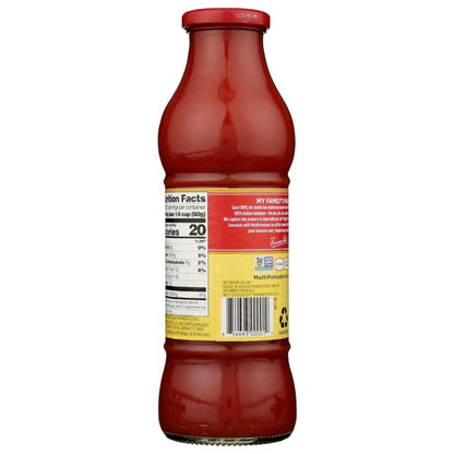 Mutti 24.5 oz tomato puree bottle with bright red smooth Italian tomato passata and Mediterranean sea salt