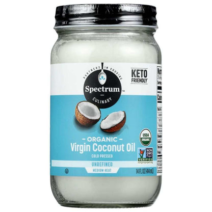 Spectrum NATURALS Organic Virgin Coconut Oil 14 oz bottle, unrefined, USDA Organic, non-GMO, versatile cooking oil for keto and vegan diets.