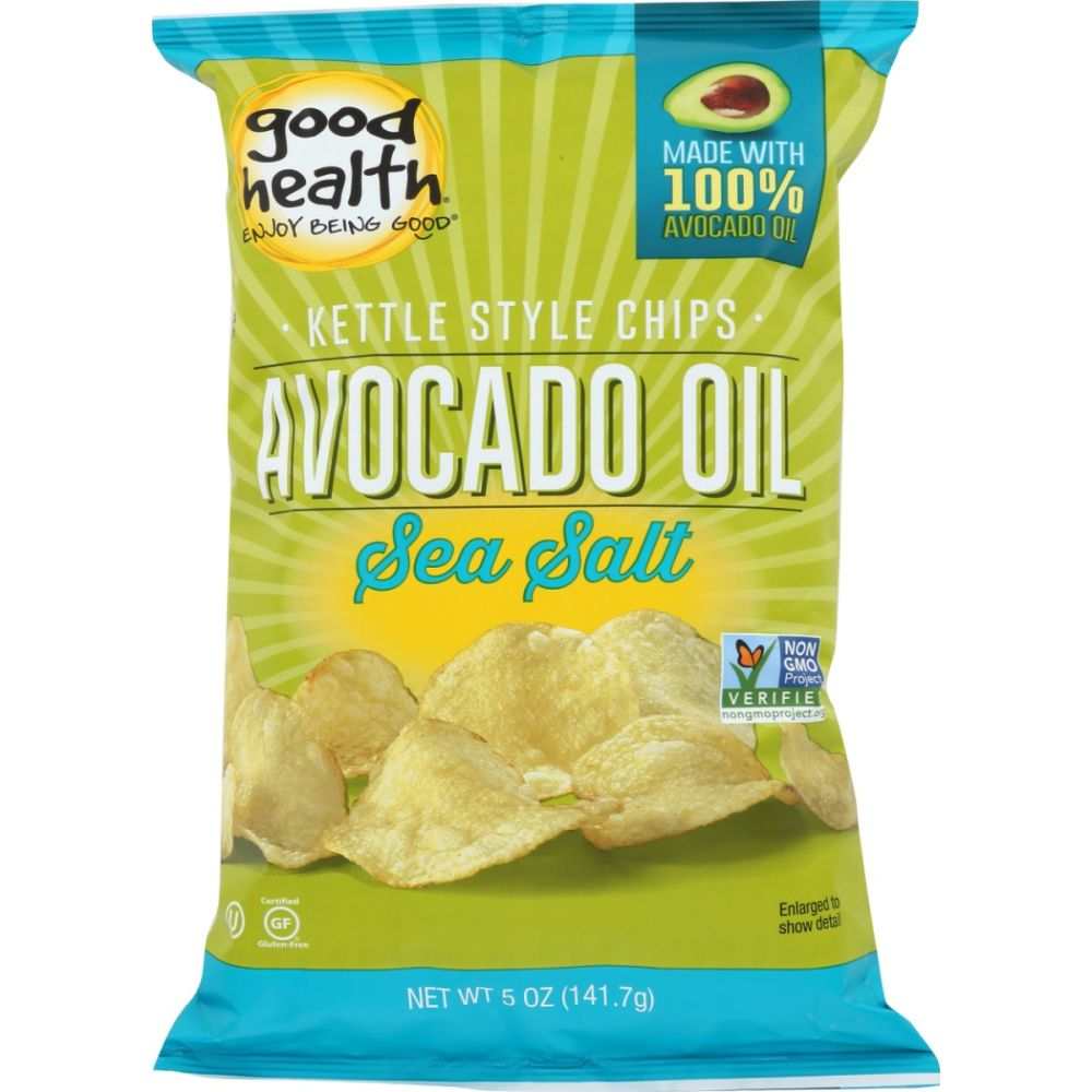 Bag of Good Health Avocado Oil Sea Salt Chips, crispy kettle-style snack with sea salt and avocado oil