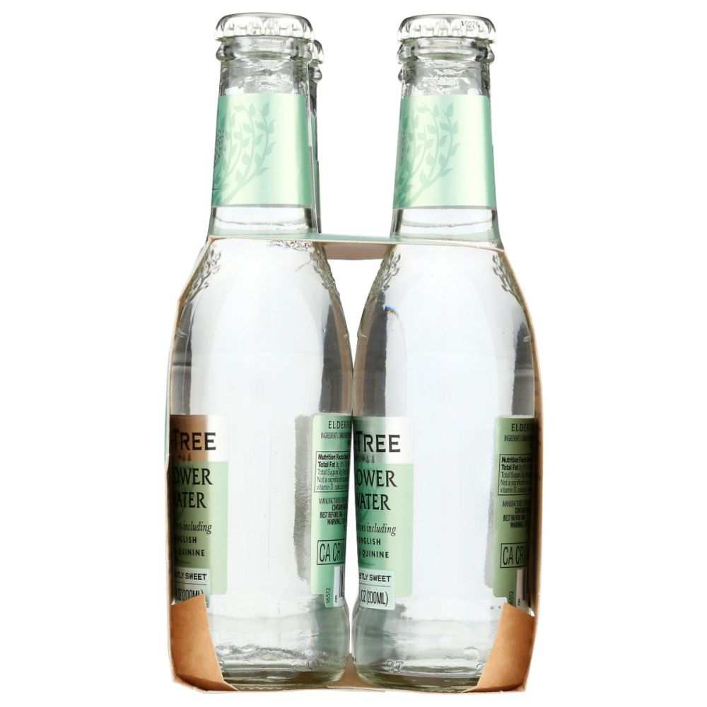 Four-pack of premium tonic water bottles in clear glass packaging