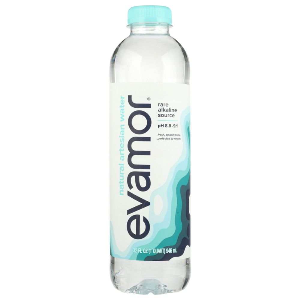 EVAMOR Natural Artesian Water bottle showcasing smooth, naturally alkaline water with high pH 8.8 to 9.1