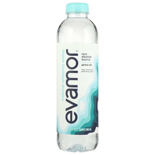 EVAMOR Natural Artesian Water bottle showcasing smooth, naturally alkaline water with high pH 8.8 to 9.1
