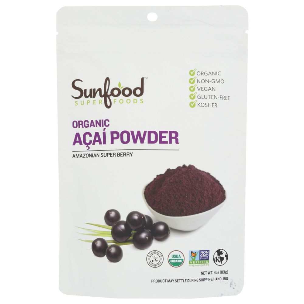 Organic açaí powder pouch with USDA Organic and Non-GMO labels, Amazonian super berry