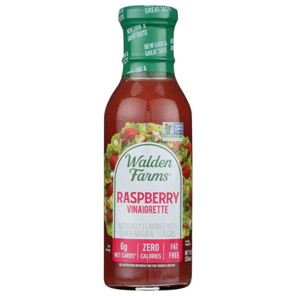 WALDEN FARMS Raspberry Vinaigrette Zero Calorie Dressing bottle with raspberries and salad in background