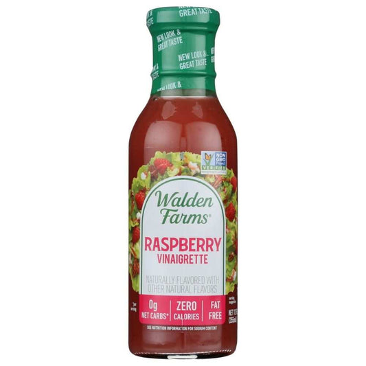 WALDEN FARMS Raspberry Vinaigrette Zero Calorie Dressing bottle with raspberries and salad in background