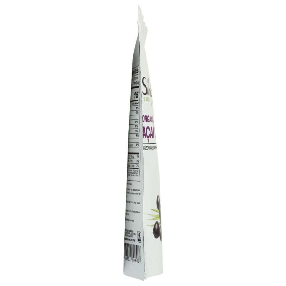 Side view of organic acai superfruit puree packet with nutrition facts label