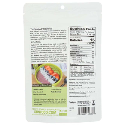Back of acai powder pouch with nutrition facts, product description, and acai bowl recipe.
